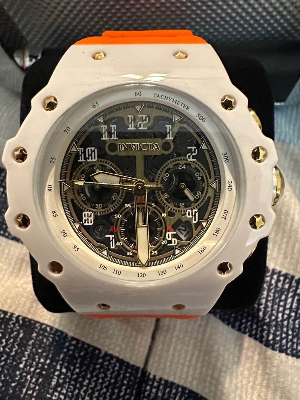 Invicta Men’s White and Orange Sport Chronograph Watch with Gold Accents